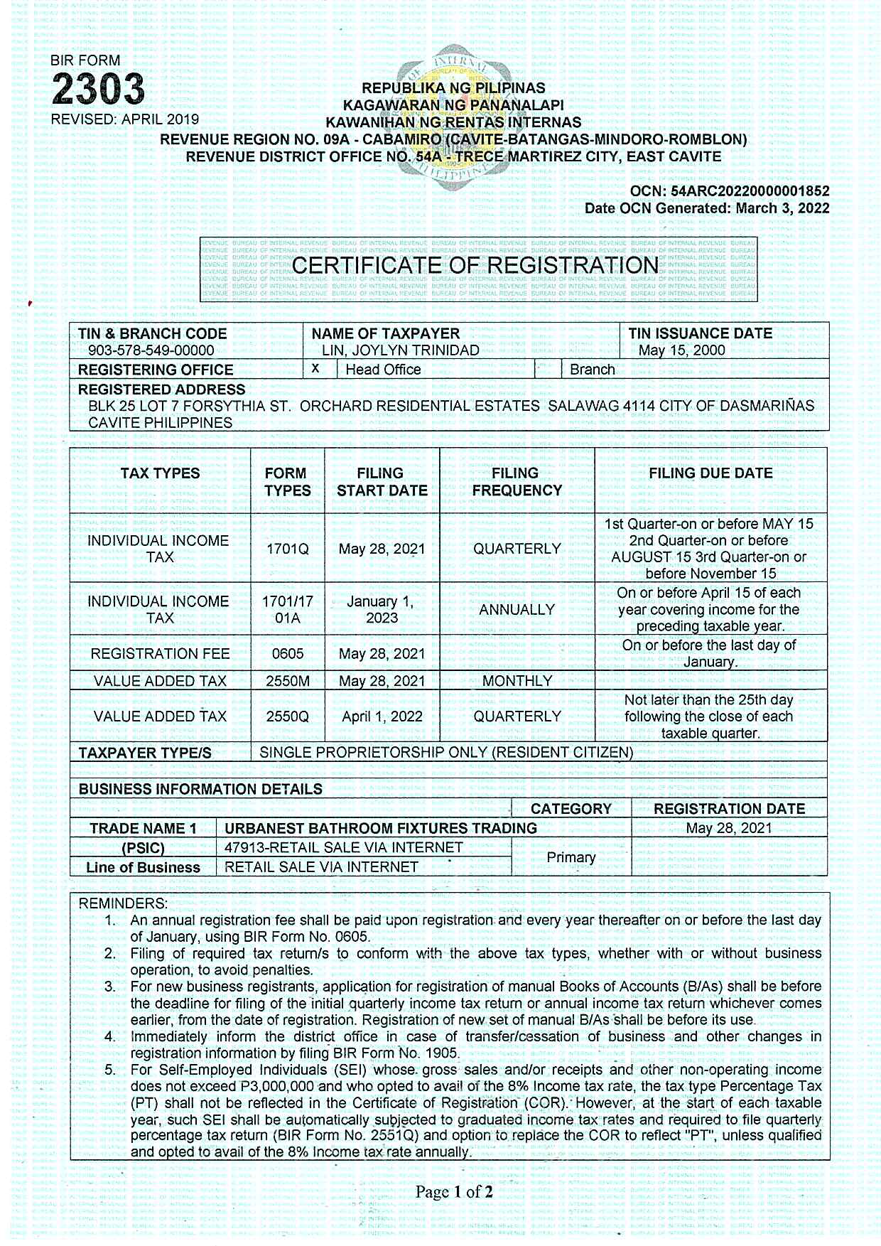 Certificate of Registration (BIR 2303)